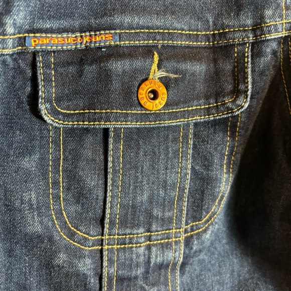 PARASUCO Sz L Jean Jacket Cropped Brass Toned Buttons Classic Cut Medium Wash - Picture 3 of 6